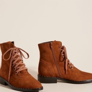 Anthropologie | Women’s Brown Suede Leather Lace Up Side Zip Ankle Boots, sz 8.5